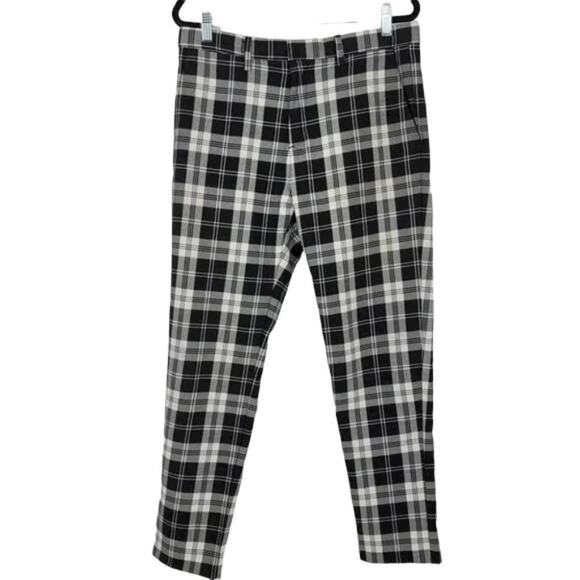 Zara Black White Checkered Plaid Pull On Straight Leg Pants Trousers Size 31 - Picture 1 of 3
